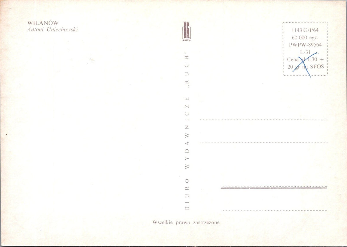8 Poland Postcards: Wilanów, Warsaw District, Artist Antoni Uniechowski  XT5140