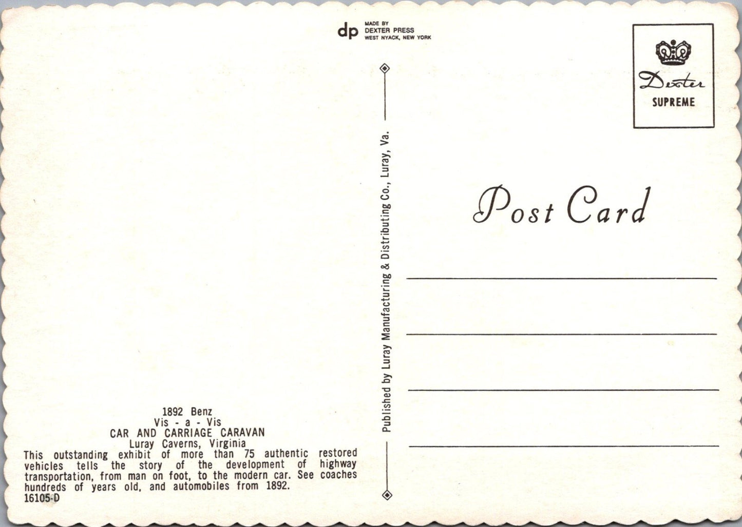 Automobile Postcard: Benz 1892 Vis-a-Vis Car and Carriage Caravan Luray RR23745