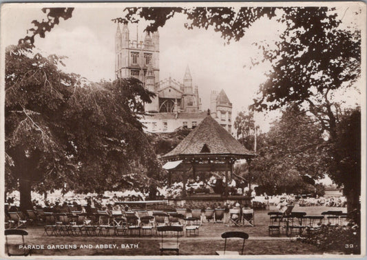 Somerset Postcard: Bath Parade Gardens Bandstand Abbey View 1942 RPPC XT3817