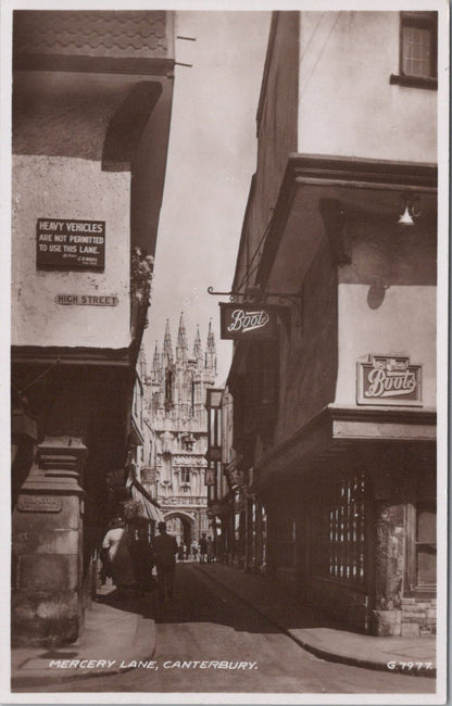 Kent Postcard: Canterbury Mercery Lane Street Cathedral Boots Sign RPPC XT3490