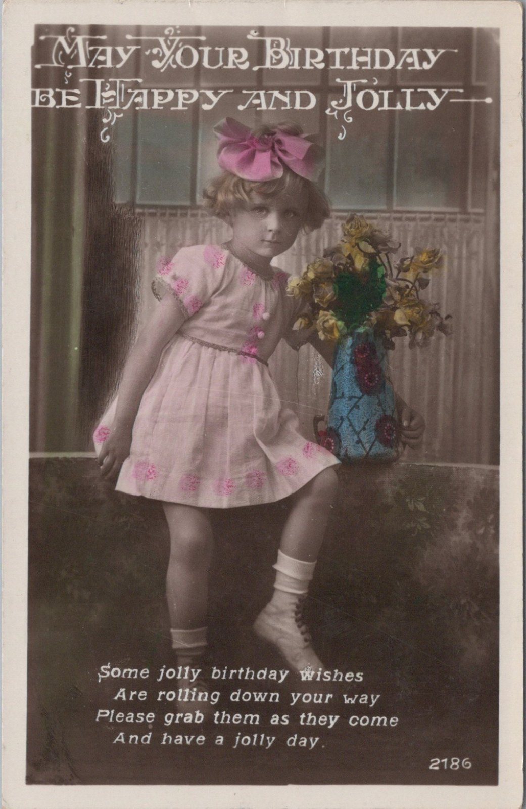 Birthday Postcard: Young Girl Pink Dress Bouquet Verse Happy And Jolly  XT5650