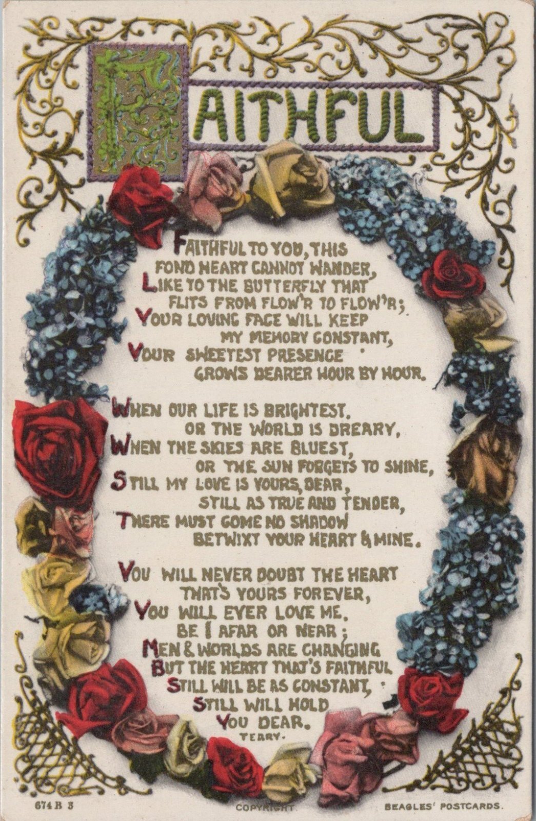 Faithful Flowers Love Verse Poem Postcard Sentiments Red Rose Terry Artist XT3498