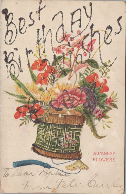 Best Birthday Wishes Basket Japanese Flowers Glitter Greetings Postcard XT3502