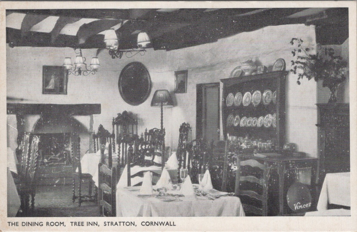Cornwall Postcard: Stratton Tree Inn Dining Room Interior Vinces RPPC 60s 18181A