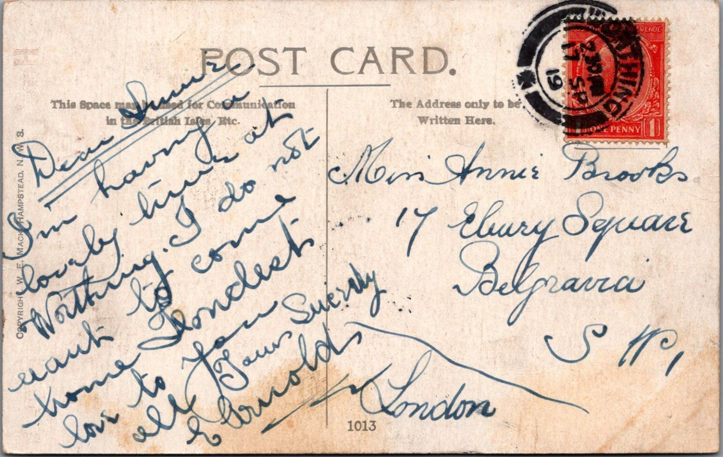 Sussex Postcard: Here’s Wishing You Luck from Worthing White Heather 1919 XT3451