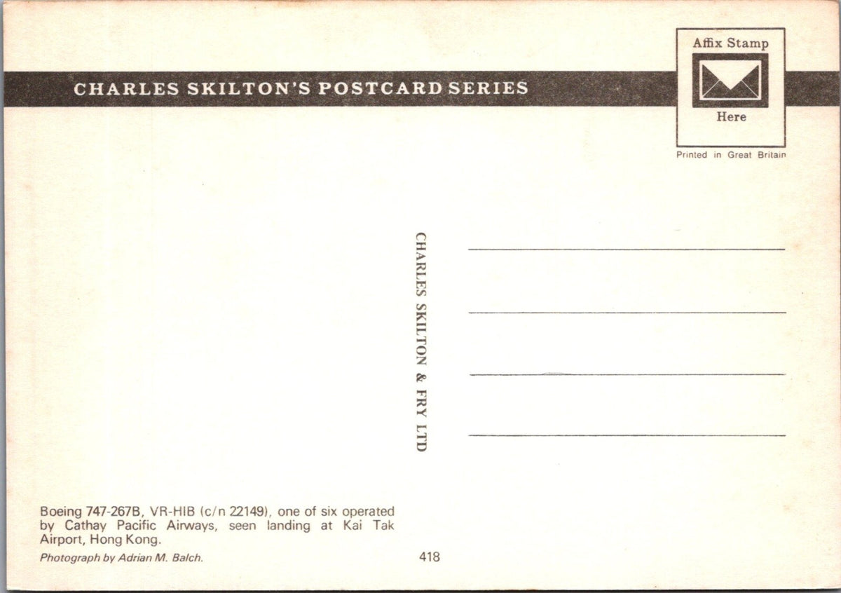 Aviation Postcard: Cathay Pacific Boeing 747-267B Airplane VR-HIB 1980s XT5192