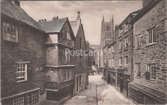 Cornwall Postcard: Fowey Market Street Church Tower View Shop Fronts  XT4292