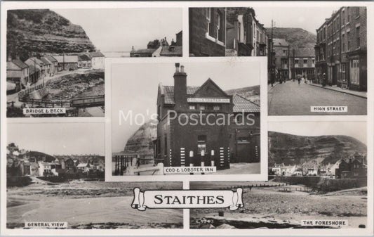 Yorkshire Postcard: Staithes Cod Lobster Inn Multi View, RPPC XT3660