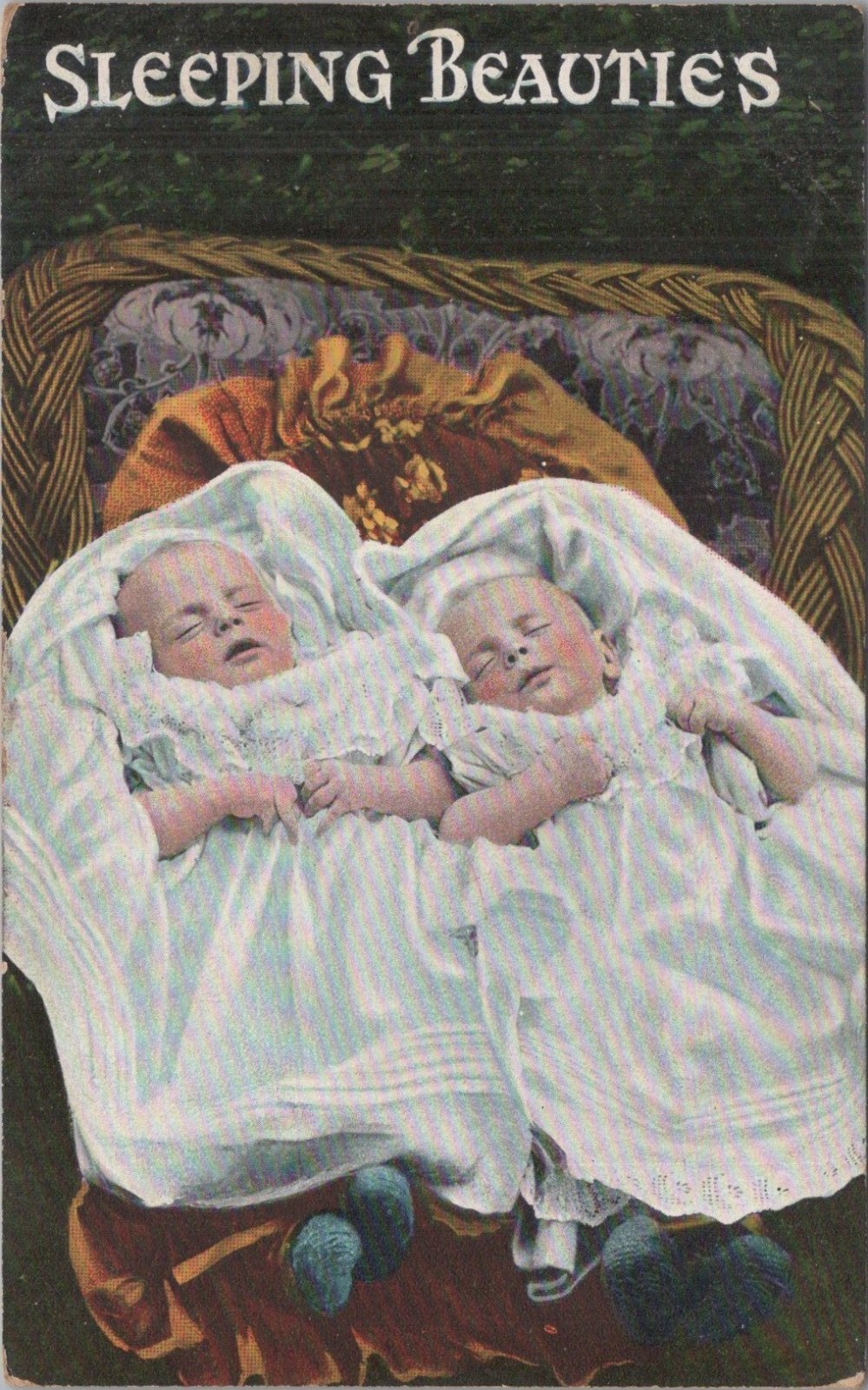 Sleeping Beauties Postcard: Twin Babies Sleeping In Basket Burlesque 1908 18130A