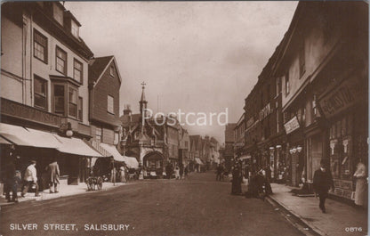 Wiltshire Postcard:Silver Street Poultry Cross Salisbury Shop RPPC 1910's XT4287