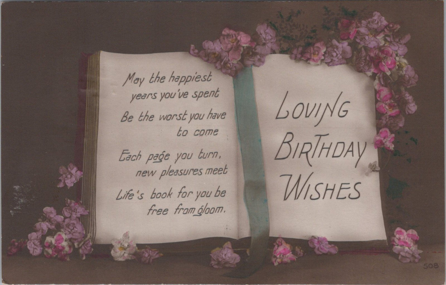 Greetings Postcard: Loving Birthday Wishes Verse Open Book Pink Flowers   XT3606