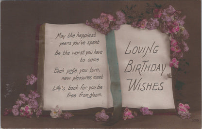 Greetings Postcard: Loving Birthday Wishes Verse Open Book Pink Flowers   XT3606