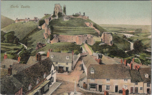 Dorset Postcard: Corfe Castle Ruins, Village Square, Cottages, Hills 1906 XT3563