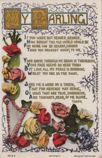 My Darling Harp Flowers Love Verse Poem Postcard Sentiments Terry Artist XT3499