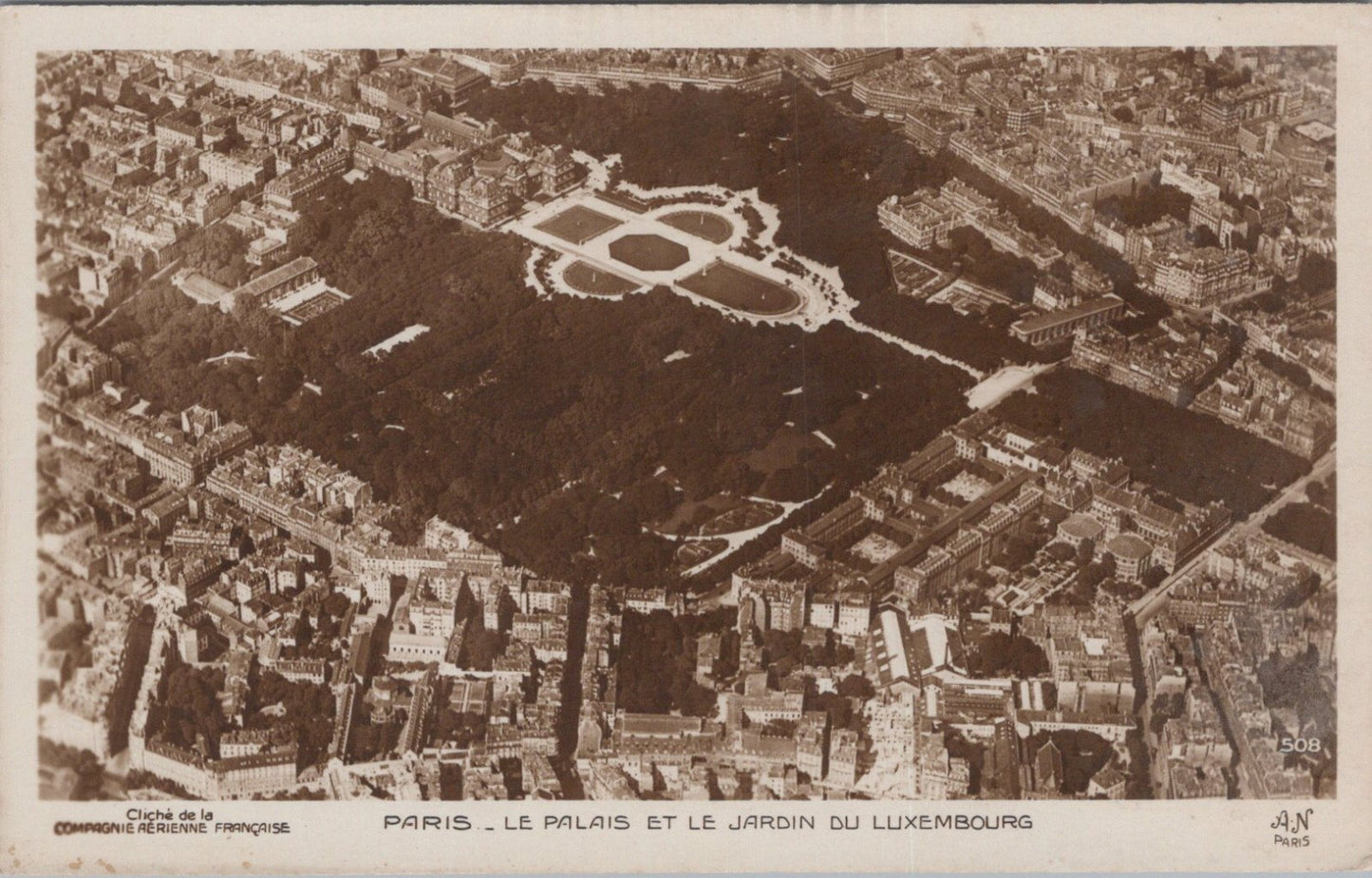 France Postcard: Paris Luxembourg Palace Gardens Aerial View 1930s, RPPC XT3497