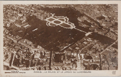 France Postcard: Paris Luxembourg Palace Gardens Aerial View 1930s, RPPC XT3497