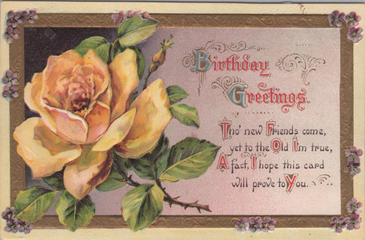 Greeting Postcard: Birthday Greetings Yellow Rose Old Friends Verse 1913 XT3617
