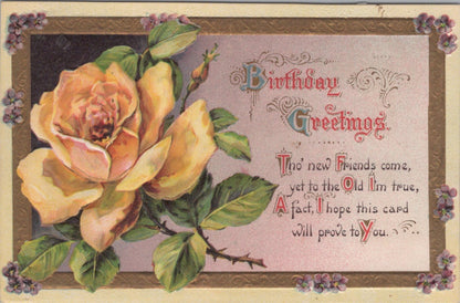 Greeting Postcard: Birthday Greetings Yellow Rose Old Friends Verse 1913 XT3617
