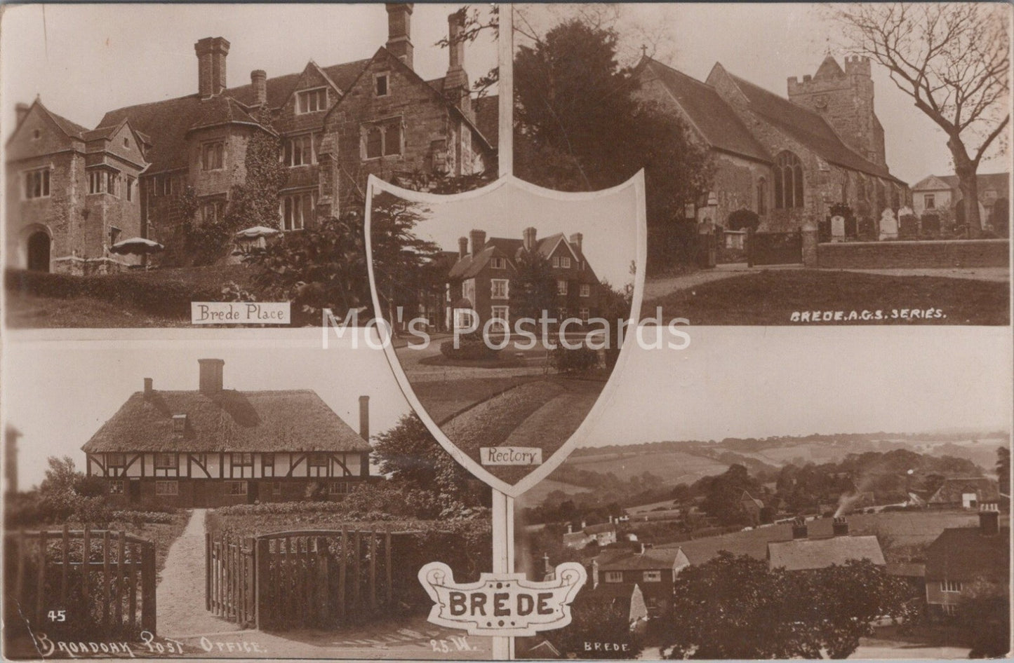 Sussex Postcard: Brede Multi-View Brede Place Church Post Office RPPC XT3725