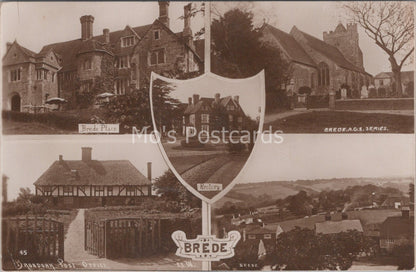 Sussex Postcard: Brede Multi-View Brede Place Church Post Office RPPC XT3725