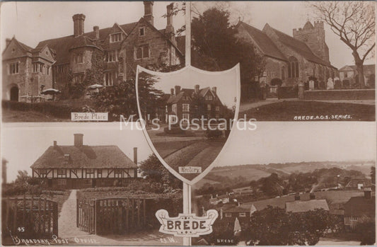 Sussex Postcard: Brede Multi-View Brede Place Church Post Office RPPC XT3725