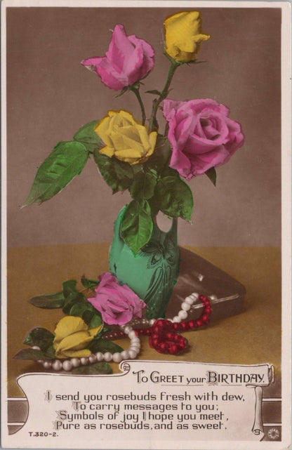 Birthday Postcard: Pink Yellow Roses Green Vase Pearl Necklace Scroll XT4990