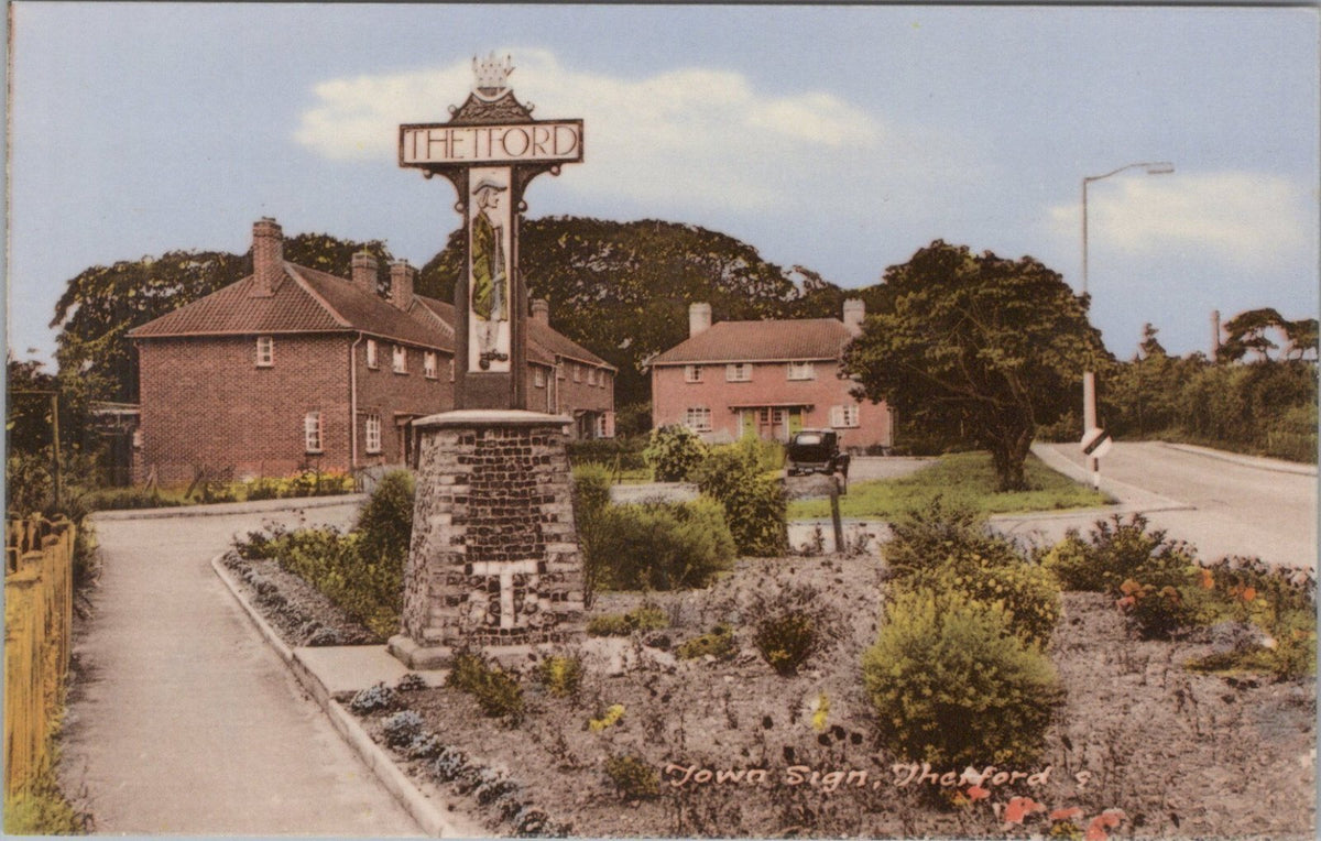 Norfolk Postcard:Town Sign Thetford Garden Houses Car Street Scene 1950's 20217A