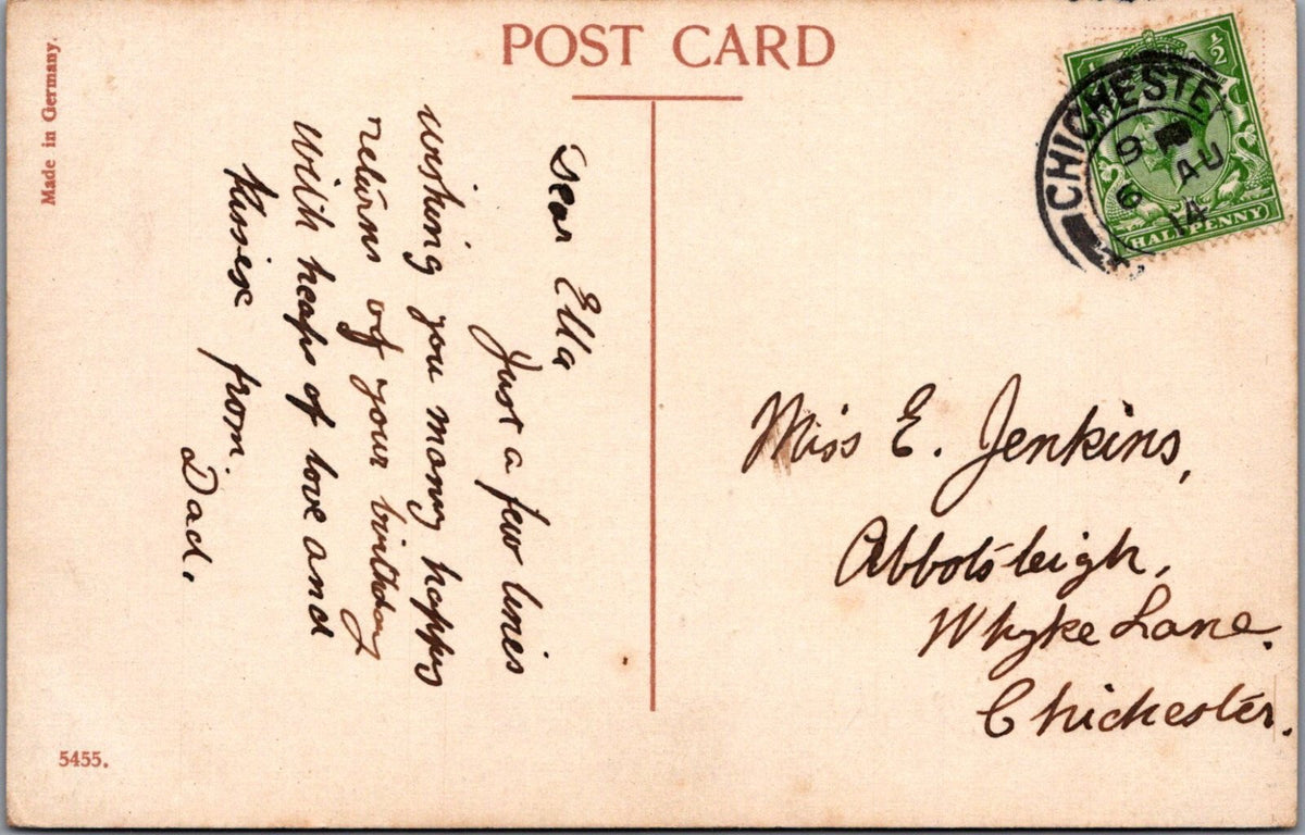 Greeting Postcard: Many Happy Returns Scroll Roses Carnations Verse 1914 XT3618