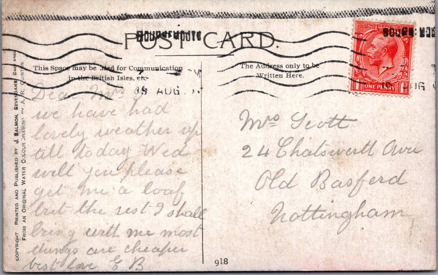 Dorset Postcard: Bournemouth Durley Chine, Artist Alfred Robert Quinton XT3478