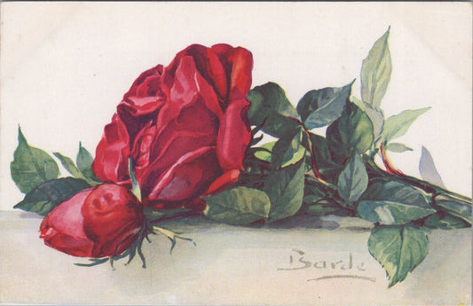 Flowers Postcard: Rose Rosa Red Blossom Stem Signed Barde 1910s XT3582