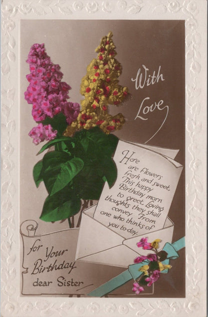 Birthday Postcard: Flowers In Envelope Greetings Verse For Dear Sister  XT5642