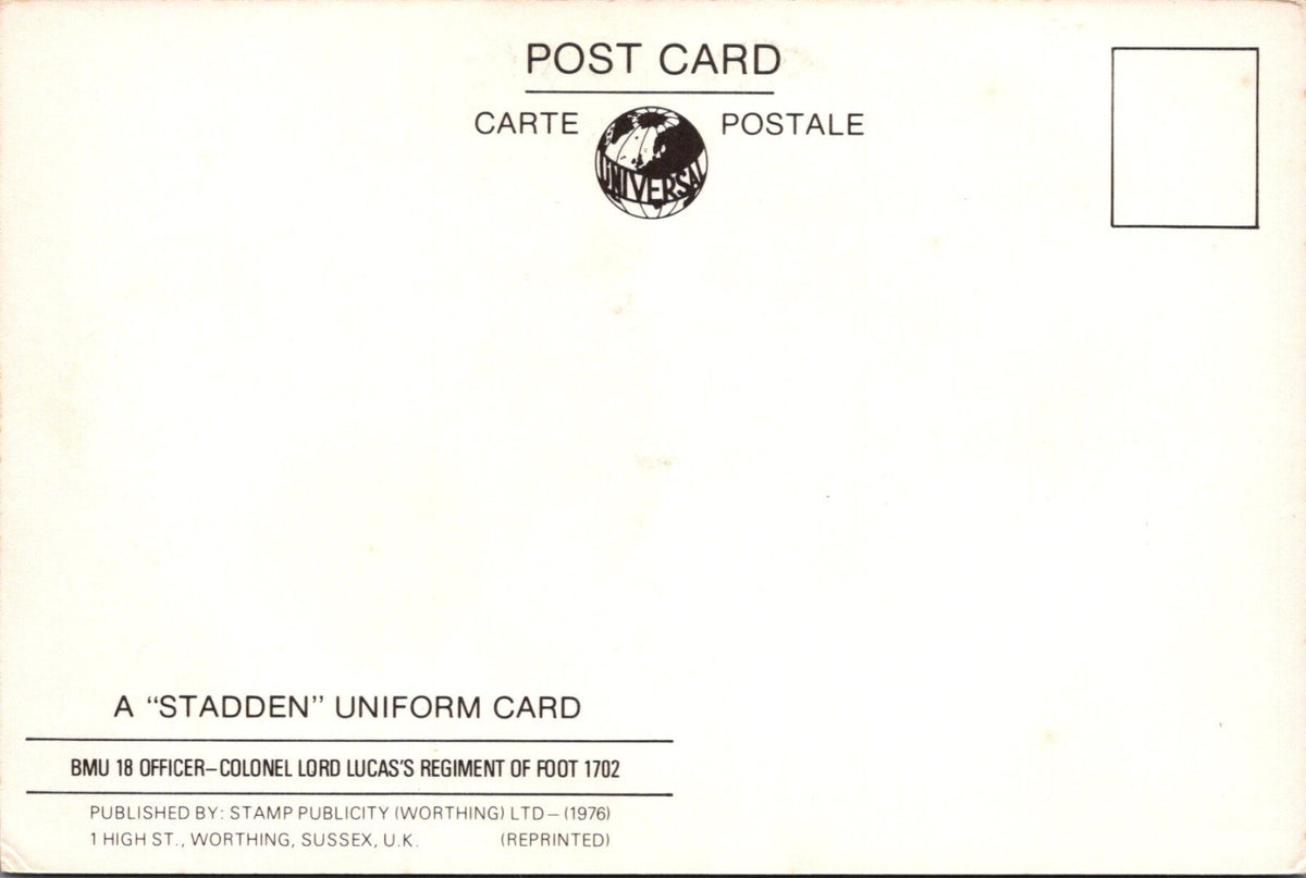 Military Postcard: Officer Colonel Lord Lucas Regiment of Foot 1702  XT5358