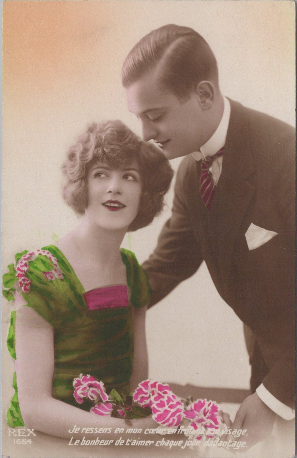 Romance Postcard:Glamorous Couple French Love Poem Tinted Portrait 1920's XT5616