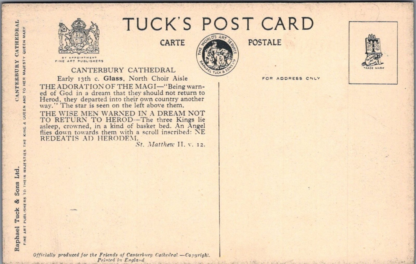 Kent Postcard: Canterbury Cathedral Stained Glass Raphael Tuck 1930's XT4167