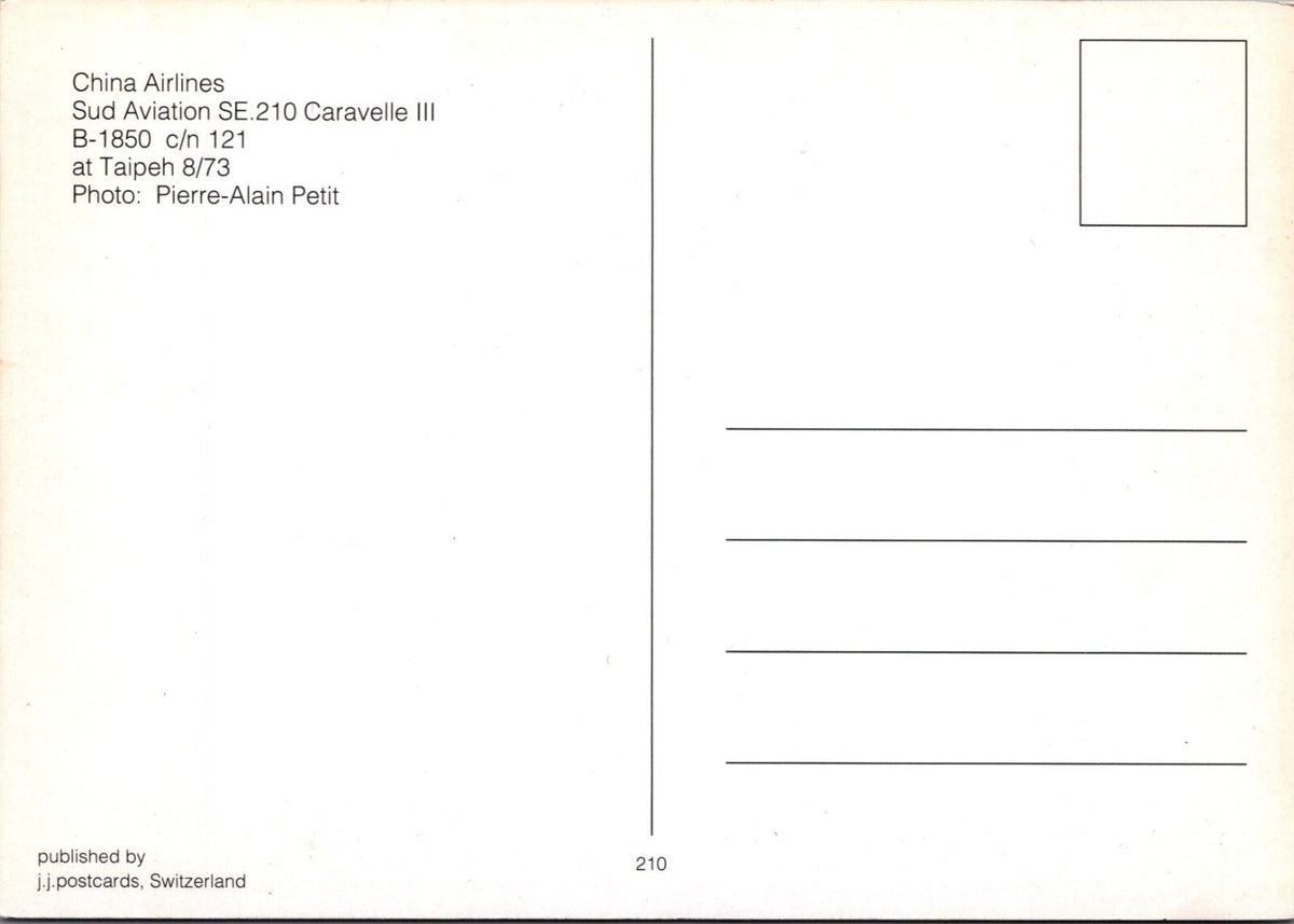 Aviation Postcard: China Airlines Sud Caravelle III Jet B-1850 1973 XT5193