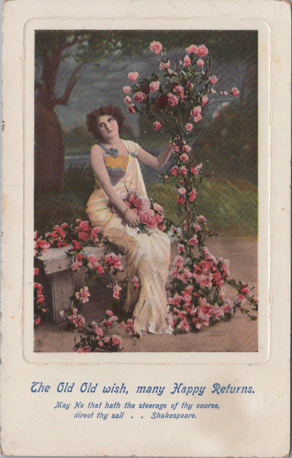 Greeting Postcard: Many Happy Returns Shakespeare Quote Lady Roses 1911 XT3613