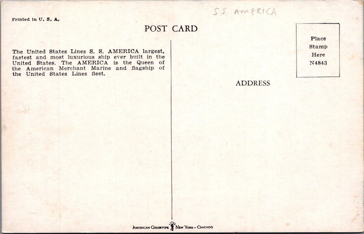 Shipping Postcard: SS America United States Lines Flagship Fred J Hoertz  XT5540