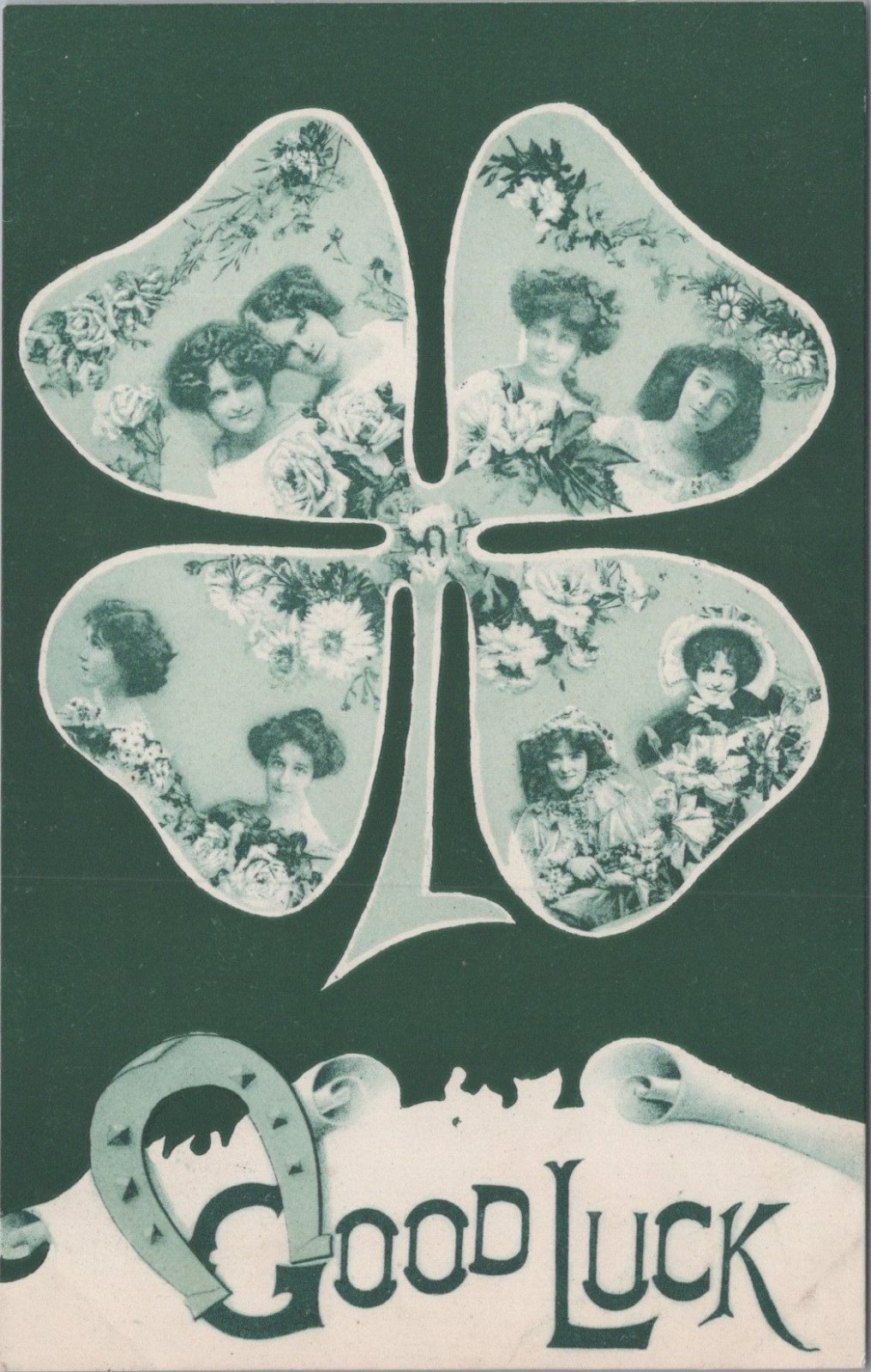 Good Luck Postcard: Four Leaf Clover Horseshoe Edwardian Ladies  XT3636