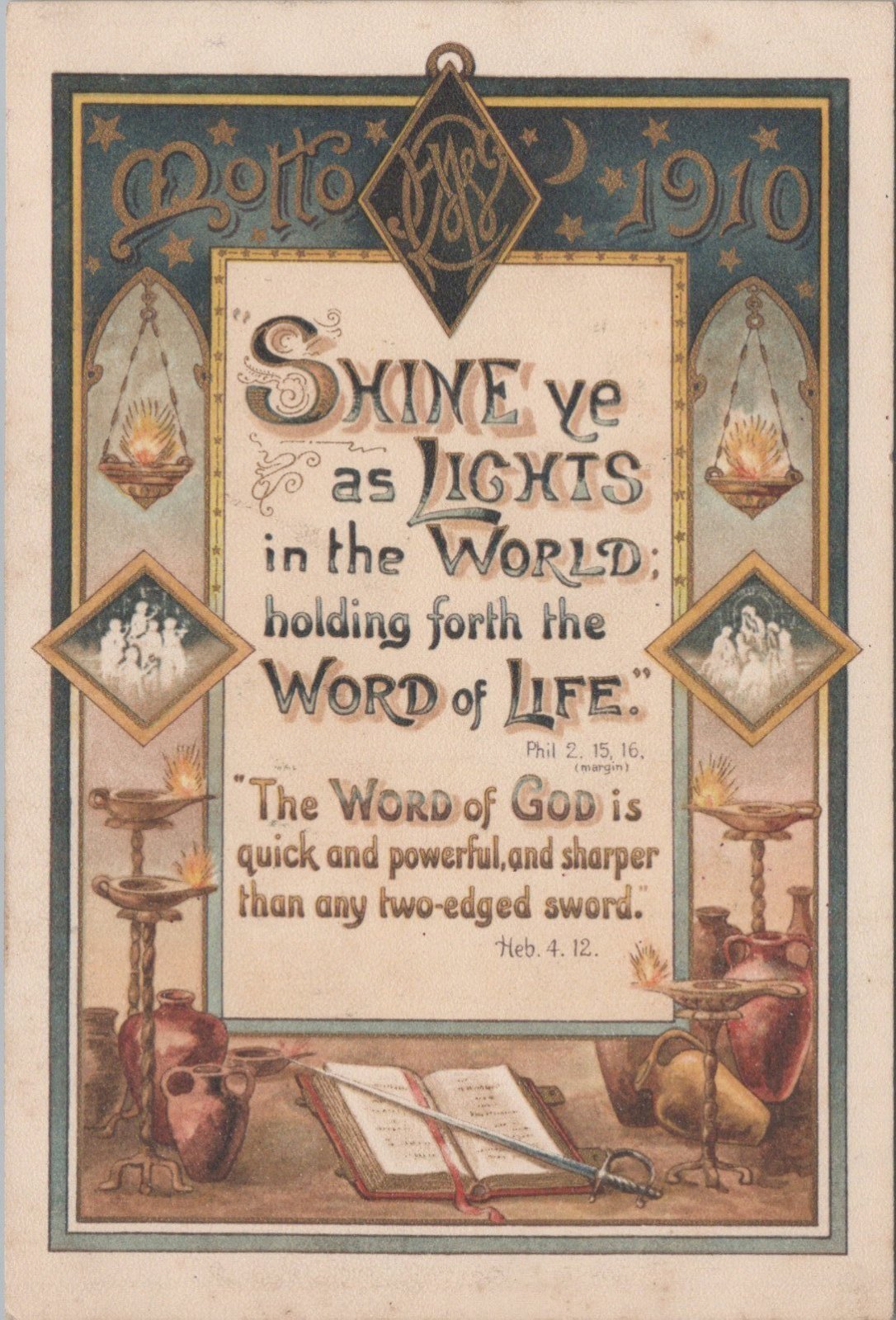 Religious Postcard: Motto 1910, Scripture Verse Philippians Hebrews XT4979