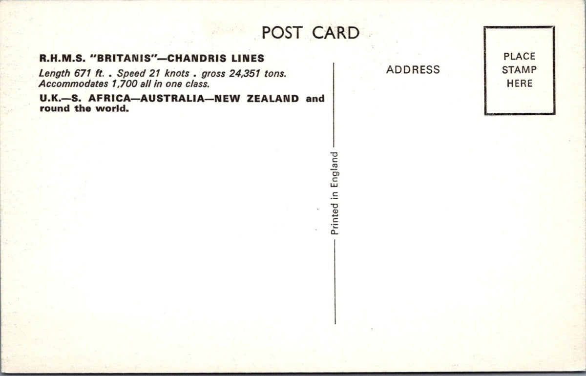 Shipping Postcard:RHMS Britanis Chandris Lines Ocean Liner Derrick SmoothyXT5538