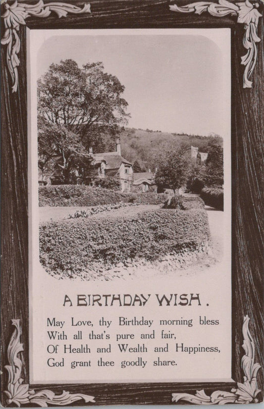 A Birthday Wish Village Cottage Poem Postcard Graphic Borders Verse XT3495