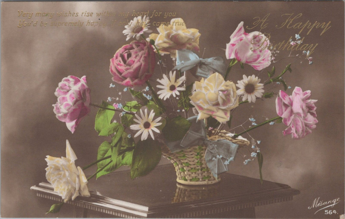 Greetings Postcard: A Happy Birthday Flower Basket Rose Verse 1910s XT3607