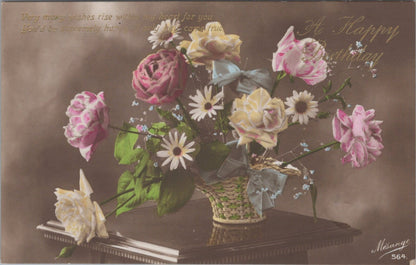 Greetings Postcard: A Happy Birthday Flower Basket Rose Verse 1910s XT3607