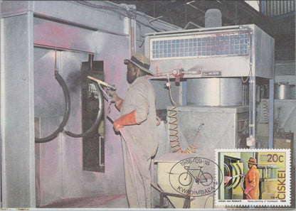 South Africa Postcard: Kwadimbaza Bicycle Factory Spray Painting 1986 XT3844