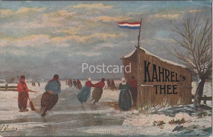 Advertising Postcard:Kahrel's Thee Ice Skaters Netherlands J Oudes 1900's XT4360