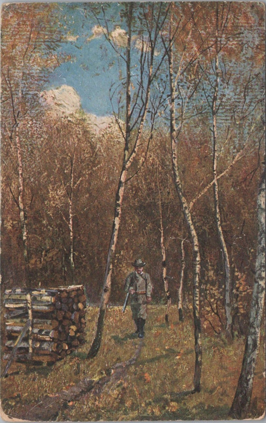 Hunting Postcard: Man With Shotgun Walking Through Silver Birch Trees 1905 XT5024