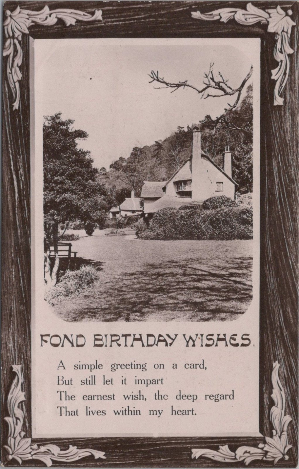 Fond Birthday Wishes Rural Cottage Poem Postcard Graphic Borders Verse XT3494