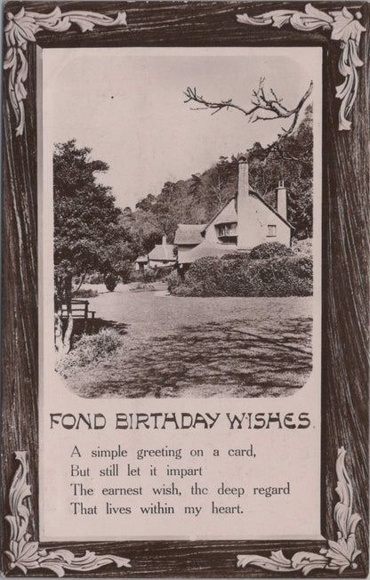 Fond Birthday Wishes Rural Cottage Poem Postcard Graphic Borders Verse XT3494