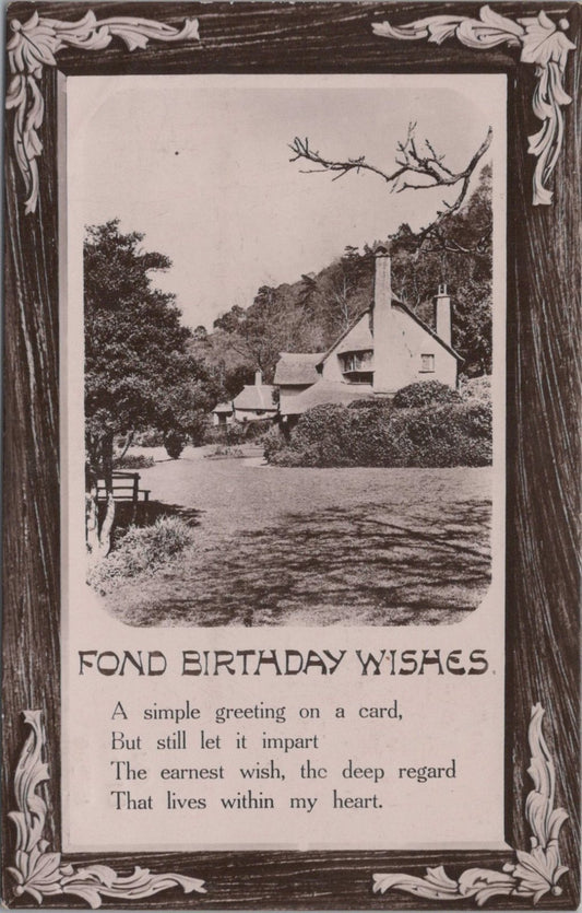Fond Birthday Wishes Rural Cottage Poem Postcard Graphic Borders Verse XT3494