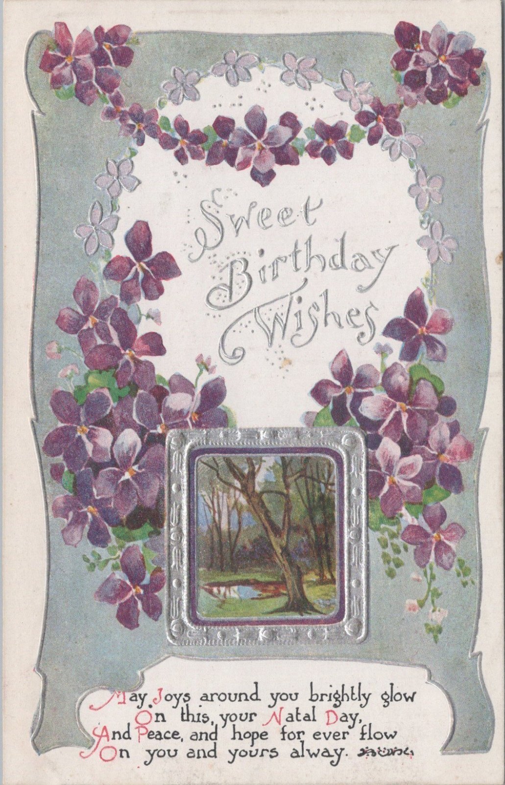 Embossed Greetings Postcard: Inter Art Sweet Birthday Wishes Violets Poem XT4116